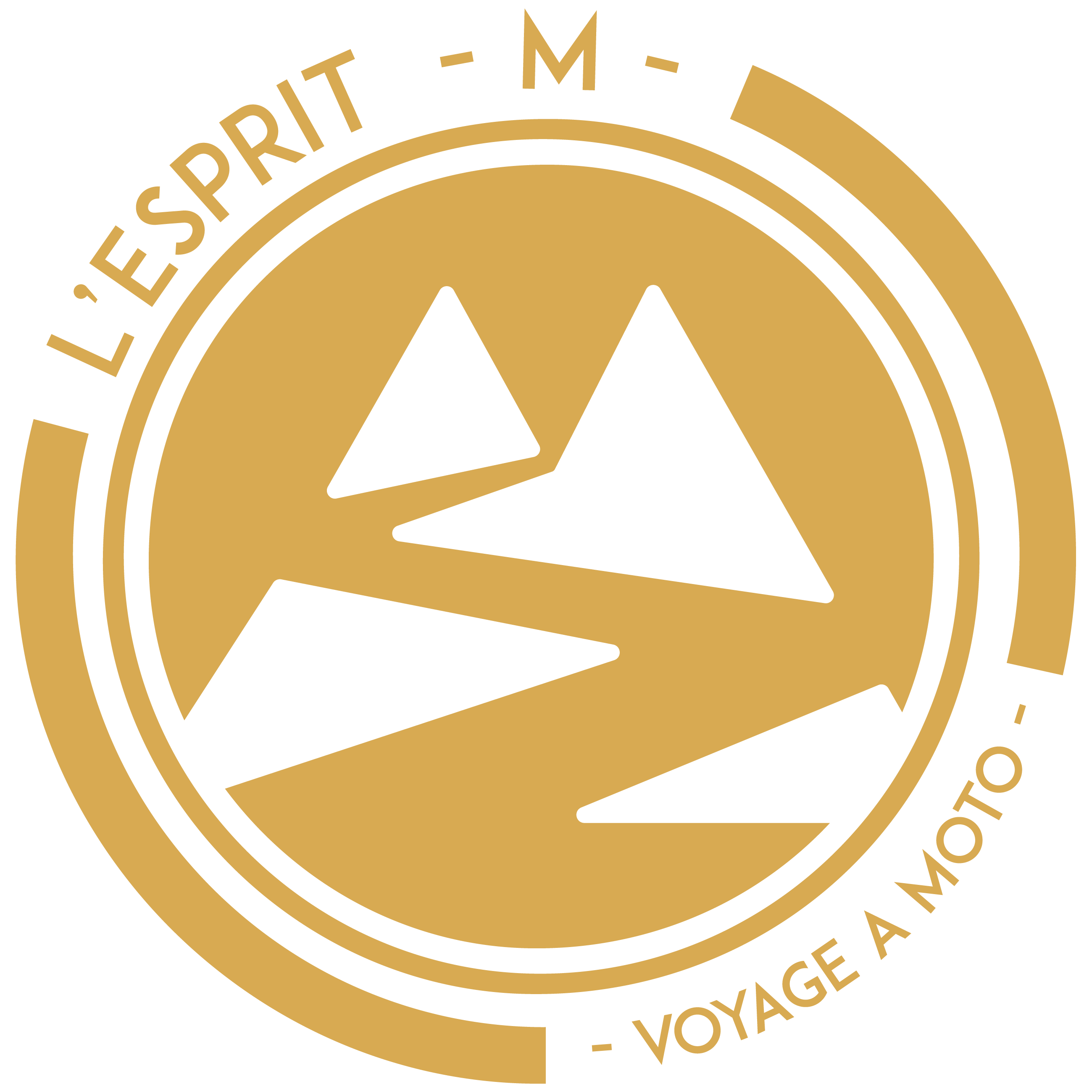 Logo de L'Esprit M - Voyage à moto représentant au centre, une route au milieu des montagnes, avec à l'extérieur autour, le nom de l'entreprise