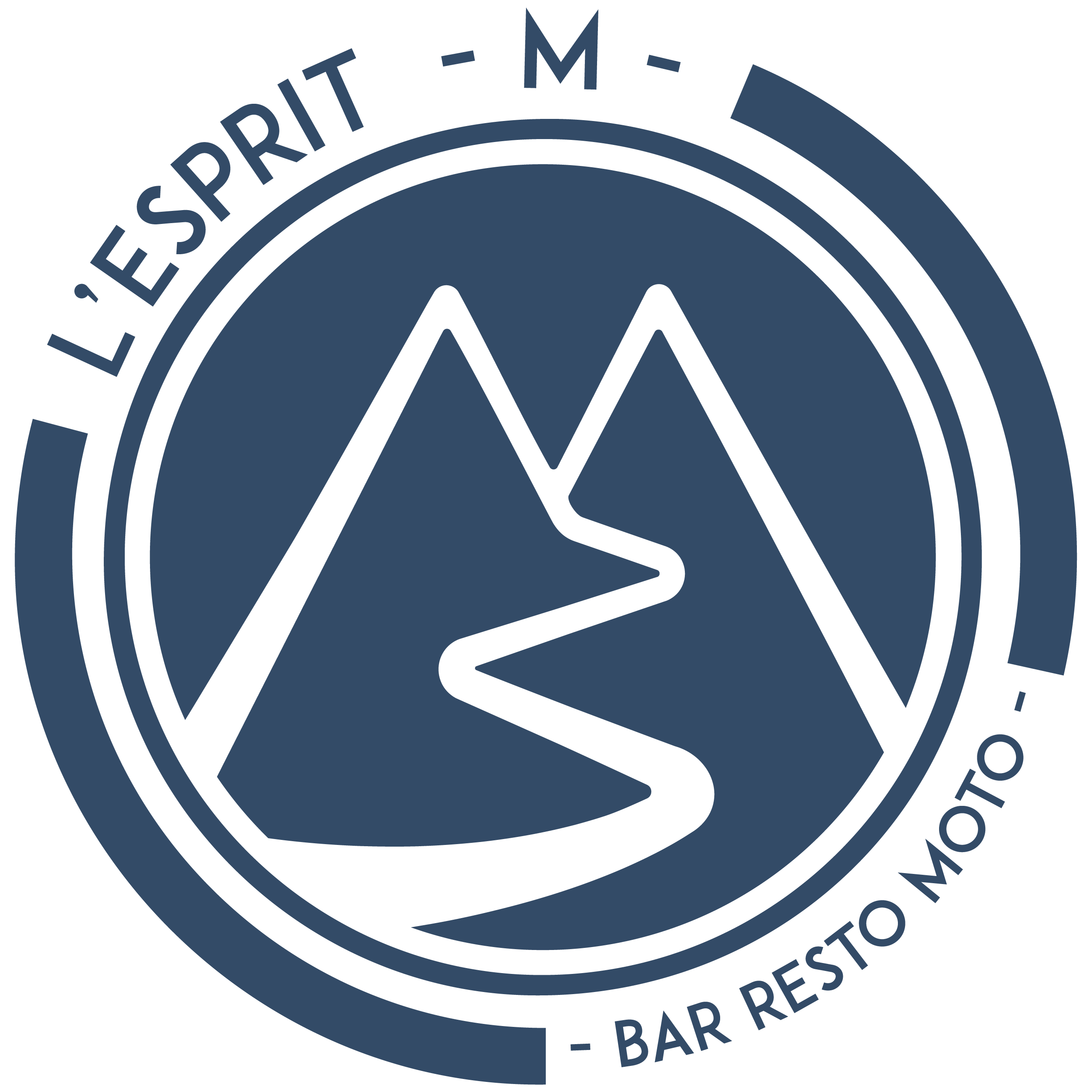 Logo de L'Esprit M - Bar Resto moto représentant au centre, une route menant dans les montagnes, avec à l'extérieur autour, le nom de l'entreprise