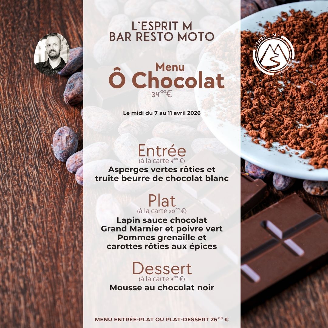 🍫✨ Une semaine 100% gourmande avec notre Menu Ô Chocolat ! 🥄💛 Du 7 au 11 avril 2026, laissez-vous tenter par notre menu spécial midi à 34,00 € (ou en formule entrée-plat ou plat-dessert à 26,00 €), entièrement dédié à l’univers envoûtant du chocolat ! 🍽 Entrée (9,00 €) : Asperges vertes rôties et truite beurre de chocolat blanc – Une alliance audacieuse et délicate pour éveiller vos papilles. 🍽 Plat (20,00 €) : Lapin sauce chocolat, Grand Marnier et poivre vert, accompagné de pommes grenaille et carottes rôties aux épices – Un plat riche en saveurs, pour un moment unique. 🍽 Dessert (7,00 €) : Mousse au chocolat noir – Onctueuse et intense, la touche parfaite pour clore ce repas chocolaté en beauté. 📍 Réservez vite pour vivre cette expérience gourmande, où chaque bouchée est une célébration du chocolat sous toutes ses formes ! #MenuChocolat #Gourmandise #CuisineCréative #FaitMaison #SaveursUnique #LEspritM