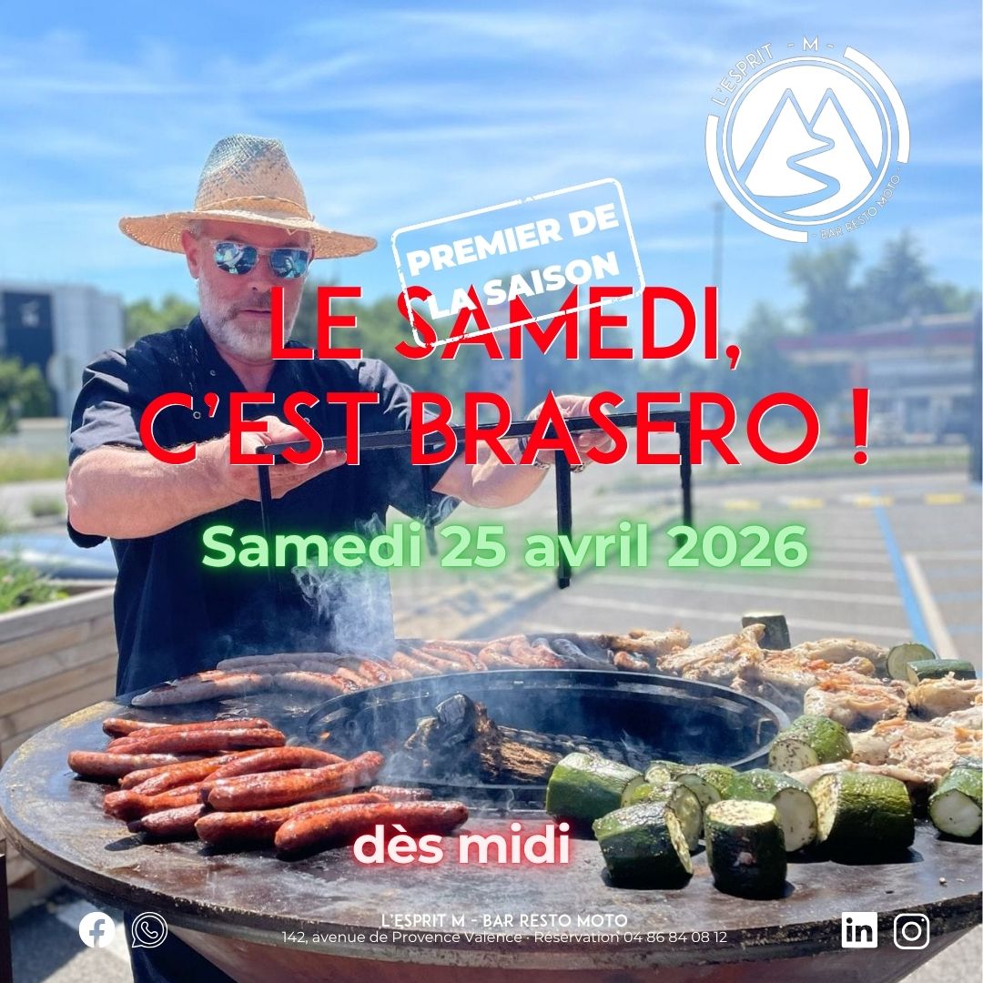 Premier brasero de L'Esprit M de la saison, le samedi midi 25 avril 2026. Viandes locales (Charpey, Diois), frites L'Esprit M, boissons délicieuses et ambiance chaleureuse... C'est vite pris d'assaut, pensez à réserver !