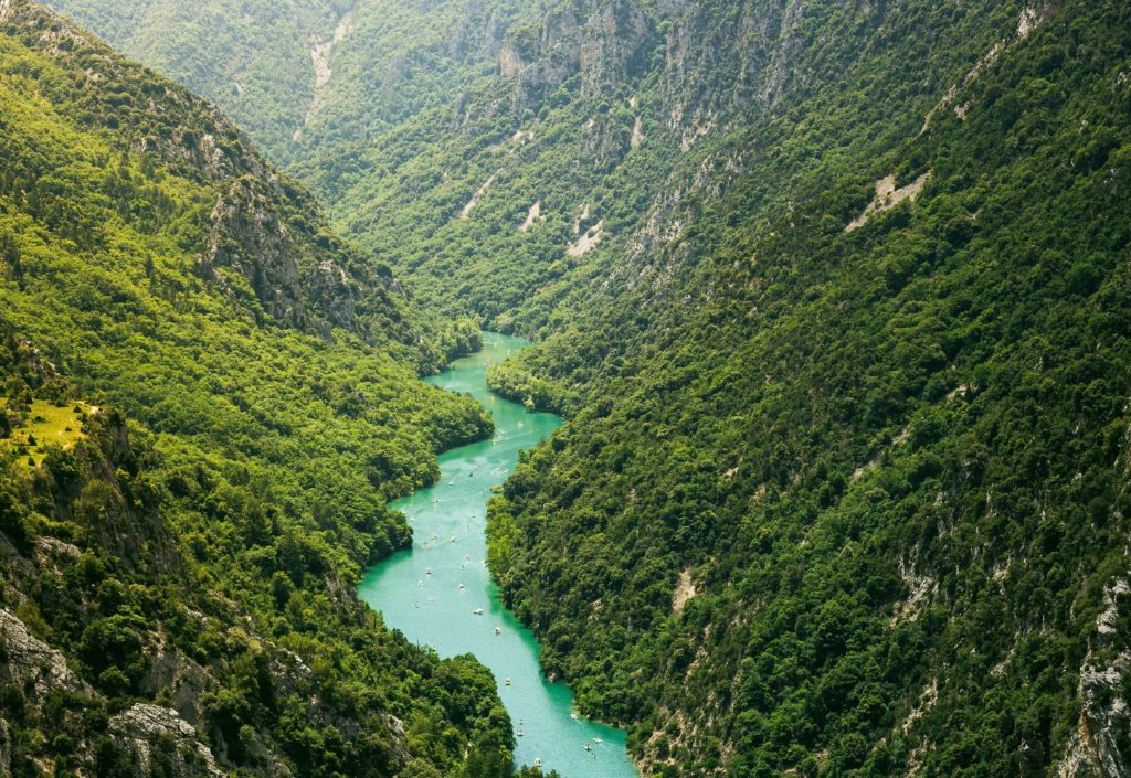Au centre de la photo, de haut en bas, serpente le Verdon. La droite et la gauche de la photo sont occupées par les montagne couvertes d'arbres et d'arbustes qui servent d'écrin à la rivière